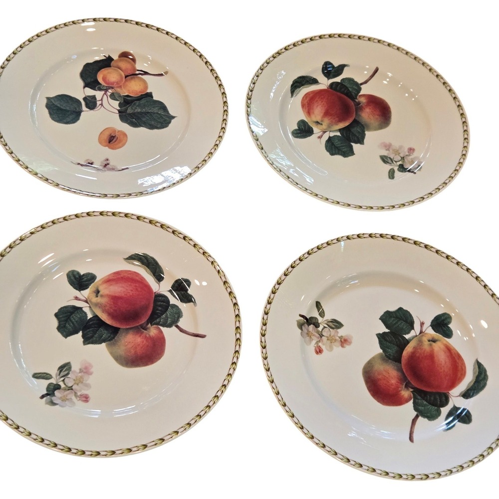 Queen's Hookers Fruit Dinner Plates 10.5" Set 4 White Bone China Botanical apple